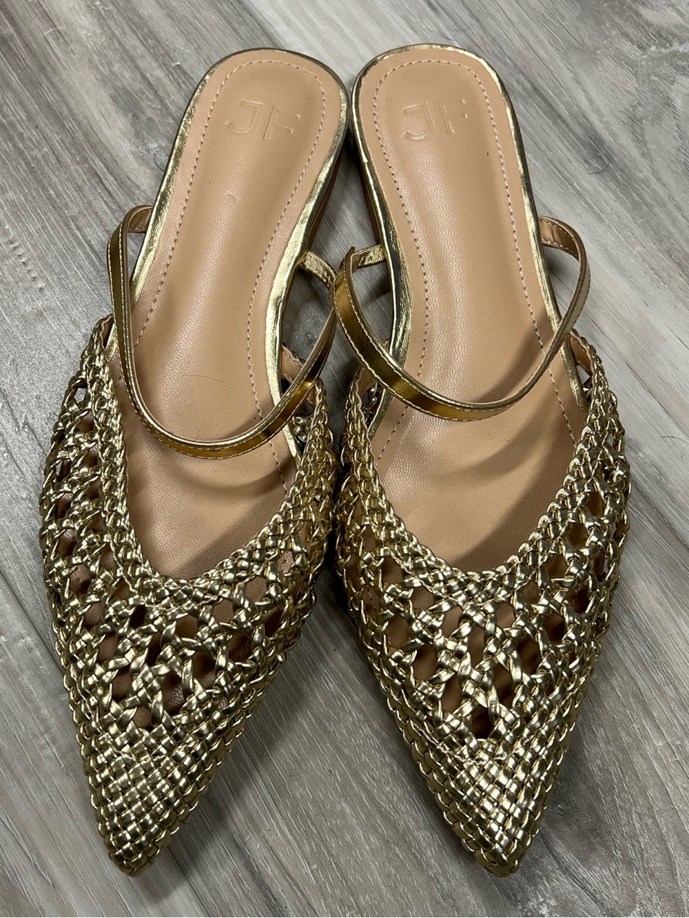 JustFab Metallic Gold Woven Pointed Mules